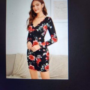 Scalloped Neckline Black Dress with Red Flowers